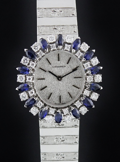 (image for) RARE FIND LONGINES 18K WHITE GOLD DIAMOND & SAPPHIRE MANUAL WINDING WATCH